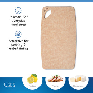 Rada's Small Prep Board with rounded corners shown on a white background with text on the left saying 'Essential for everyday meal prep' and 'Attractive for serving and entertaining.' Icons at the bottom show uses for produce, proteins, and charcuterie.
