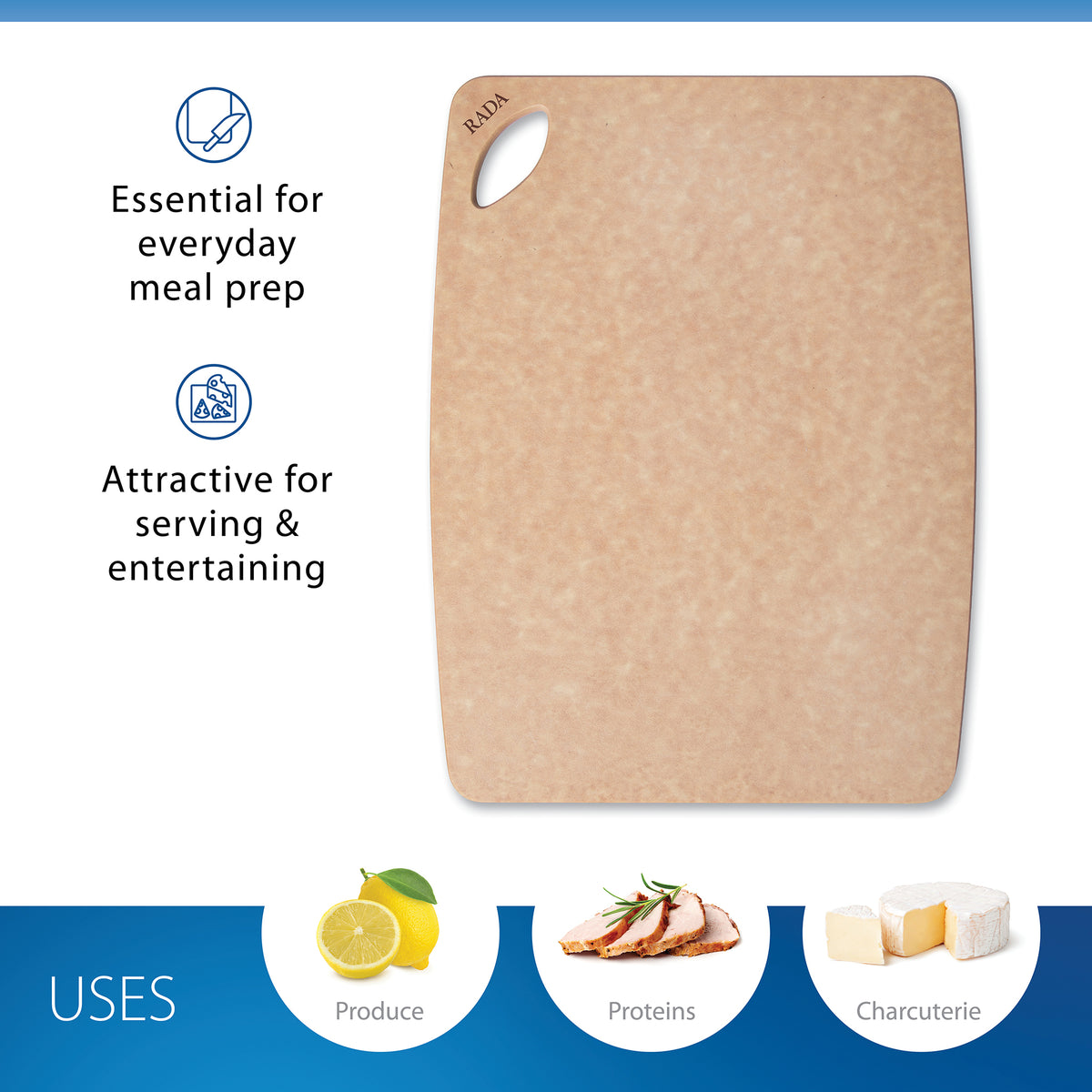 Essential Prep cutting board is shown on a white background with the text 'Essential for Everyday Meal Prep' and 'Attractive for serving and entertaining.' Icons near the bottom show uses with produce, proteins, and charcuterie.