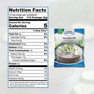 A Nutrition Facts label for Rada Quick Mix Cucumber Onion Dill Party Dip next to the product packaging, with a white background.
