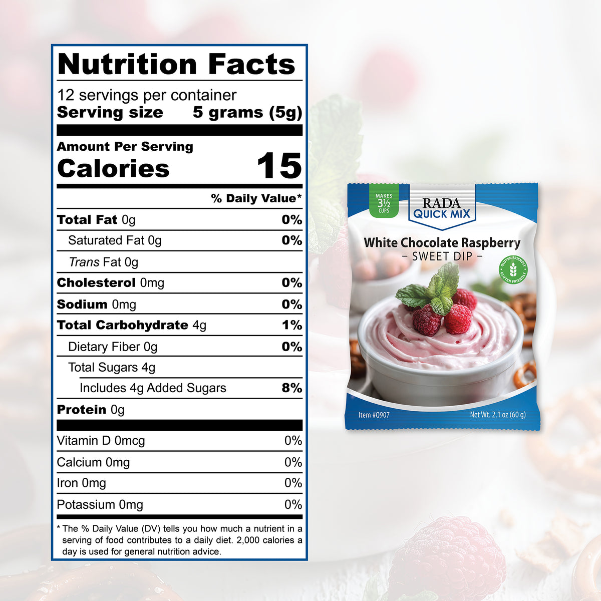 Rada Quick Mix White Chocolate Raspberry Sweet Dip packaging displayed next to the product Nutrition Facts label.