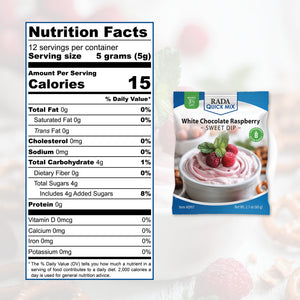 Rada Quick Mix White Chocolate Raspberry Sweet Dip packaging displayed next to the product Nutrition Facts label.