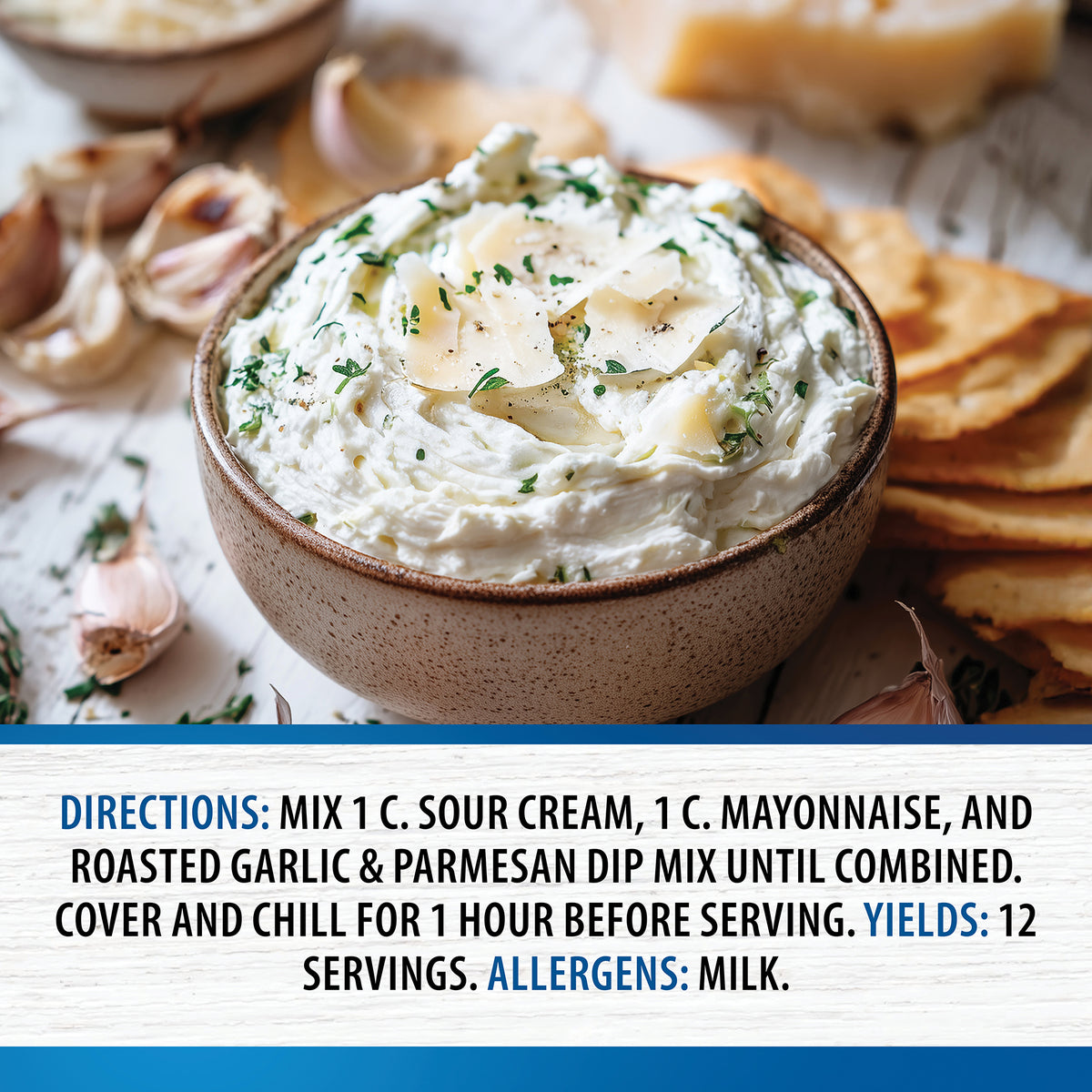 A bowl of Roasted Garlic and Parmesan Dip with herbs, surrounded by sliced garlic, crackers, and a blue text banner with preparation directions and serving yield.