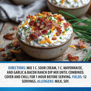 Creamy Garlic & Bacon Ranch Party Dip with bacon, chives, and shredded cheese, accompanied by preparation directions and serving yield information.