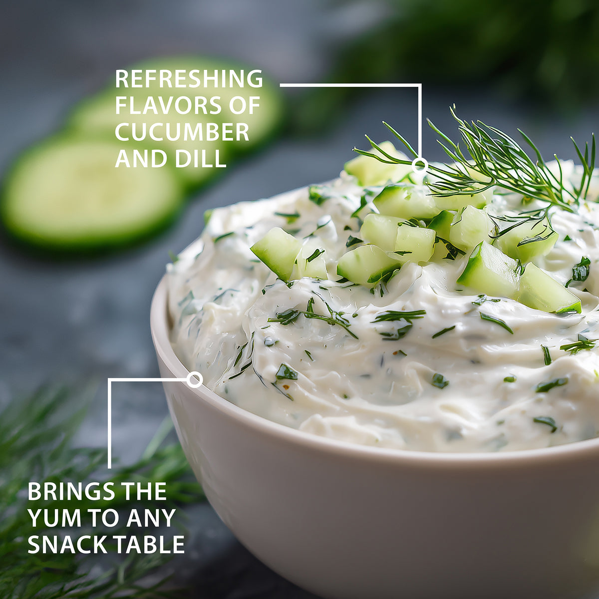 Cucumber Onion Dill Party Dip in a white bowl, topped with cucumber and dill, with text describing its refreshing flavor and appeal for serving at snack tables.