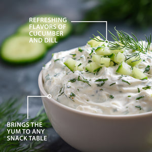 Cucumber Onion Dill Party Dip in a white bowl, topped with cucumber and dill, with text describing its refreshing flavor and appeal for serving at snack tables.