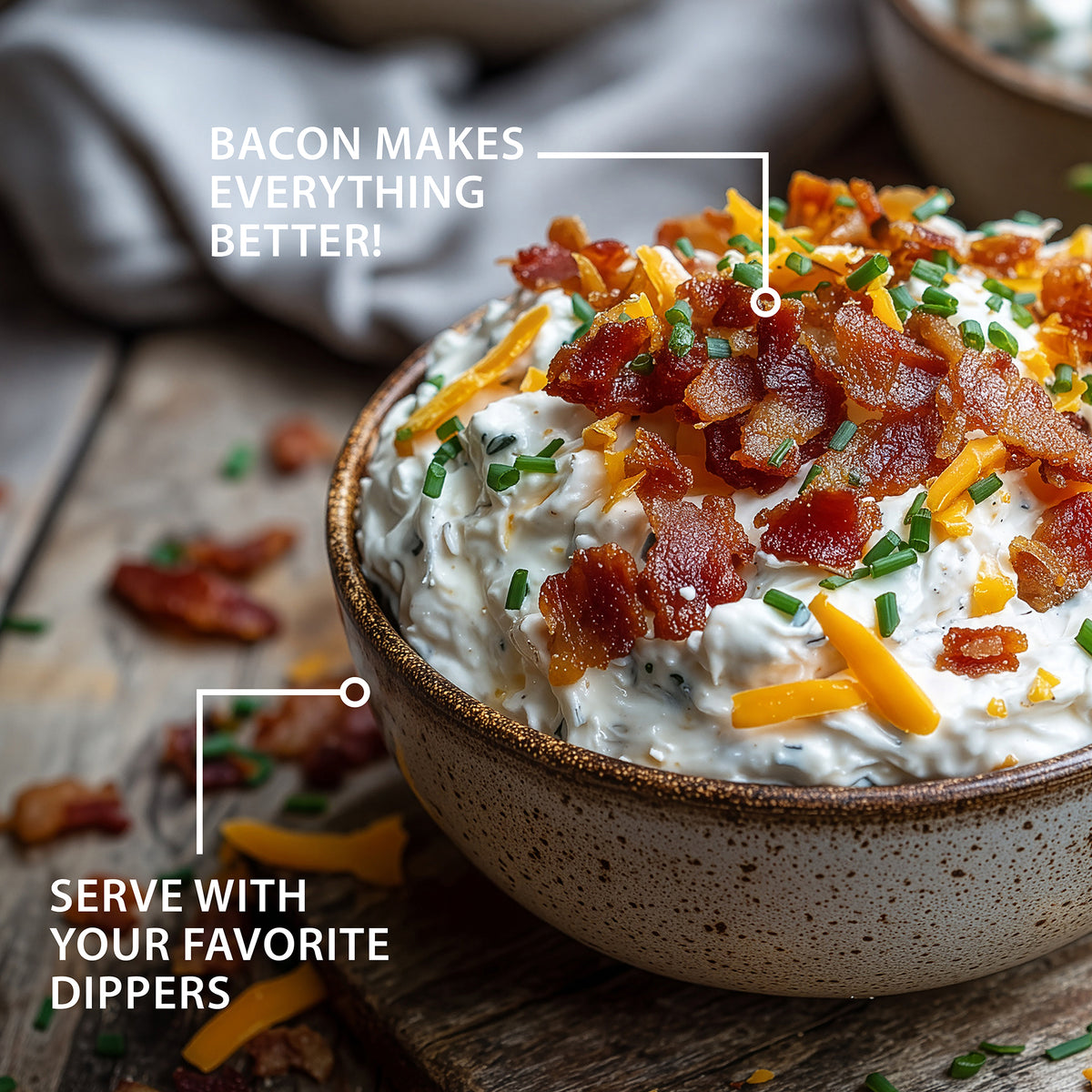 Garlic & Bacon Ranch Party Dip topped with crispy bacon, chives, and shredded cheese, with promotional text highlighting the dip’s flavor and serving appeal.