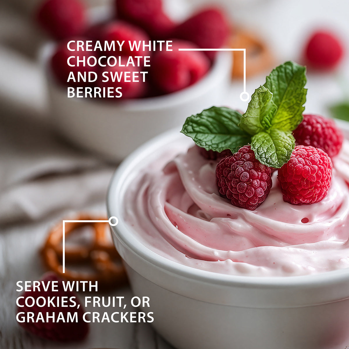 White Chocolate Raspberry Sweet Dip topped with fresh raspberries and mint, with text highlighting creamy white chocolate, sweet berries, and serving suggestions with cookies, fruit, or graham crackers.