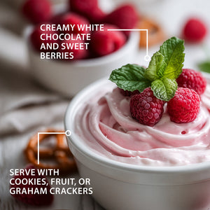 White Chocolate Raspberry Sweet Dip topped with fresh raspberries and mint, with text highlighting creamy white chocolate, sweet berries, and serving suggestions with cookies, fruit, or graham crackers.