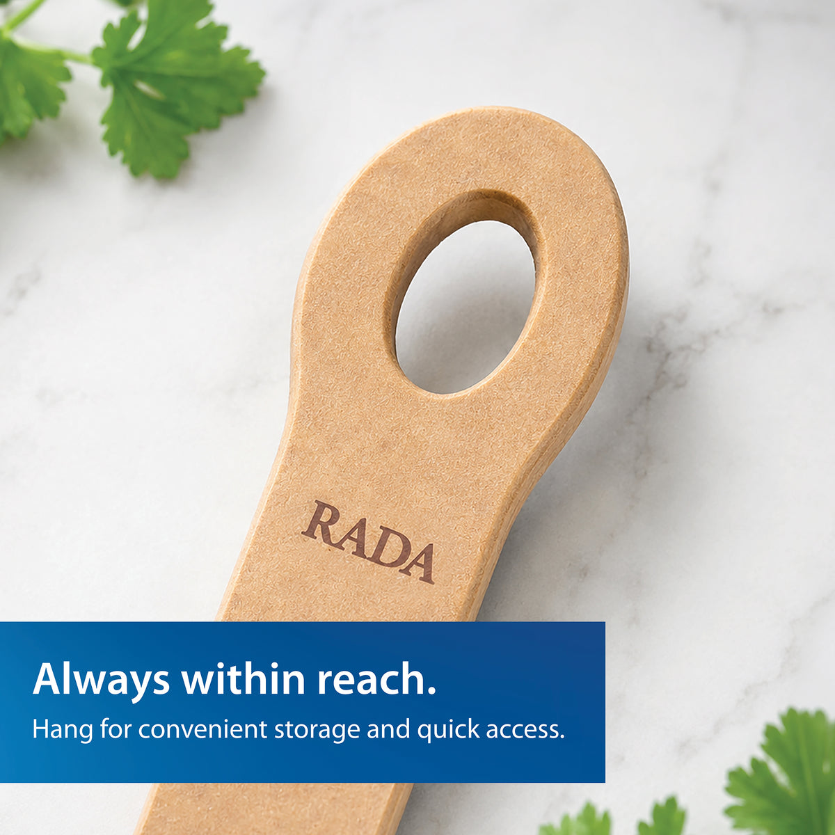 Close-up of the Everyday Stirring Spoon handle and hanging hole, with the brand name RADA printed on it. Text at the bottom states 'Always within reach. Hang for convenient storage and quick access.'
