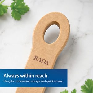 Close-up of the Everyday Stirring Spoon handle and hanging hole, with the brand name RADA printed on it. Text at the bottom states 'Always within reach. Hang for convenient storage and quick access.'
