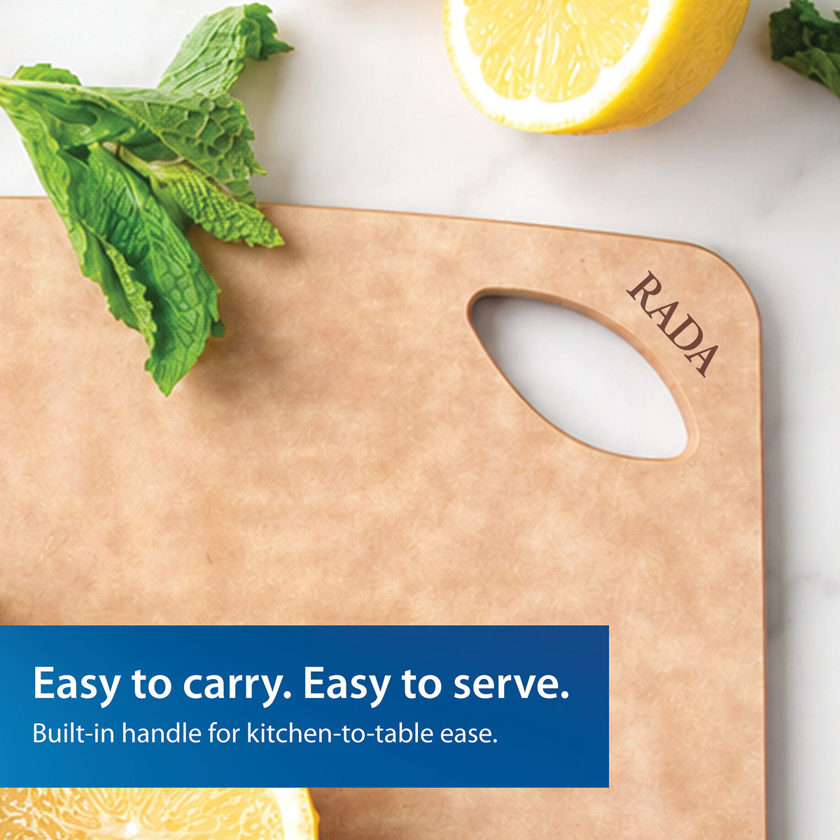 Close-up of Small Prep Board from Rada Cutlery with a built-in oval handle, shown on a white marble surface with mint leaves and lemon slices. The text reads 'Easy to carry. Easy to serve. Built-in handle for kitchen-to-table ease.' at the bottom.