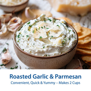 Roasted Garlic & Parmesan Party Dip topped with Parmesan shavings and herbs, with garlic and crackers nearby and text reading “Convenient, Quick & Yummy – Makes 2 Cups.”