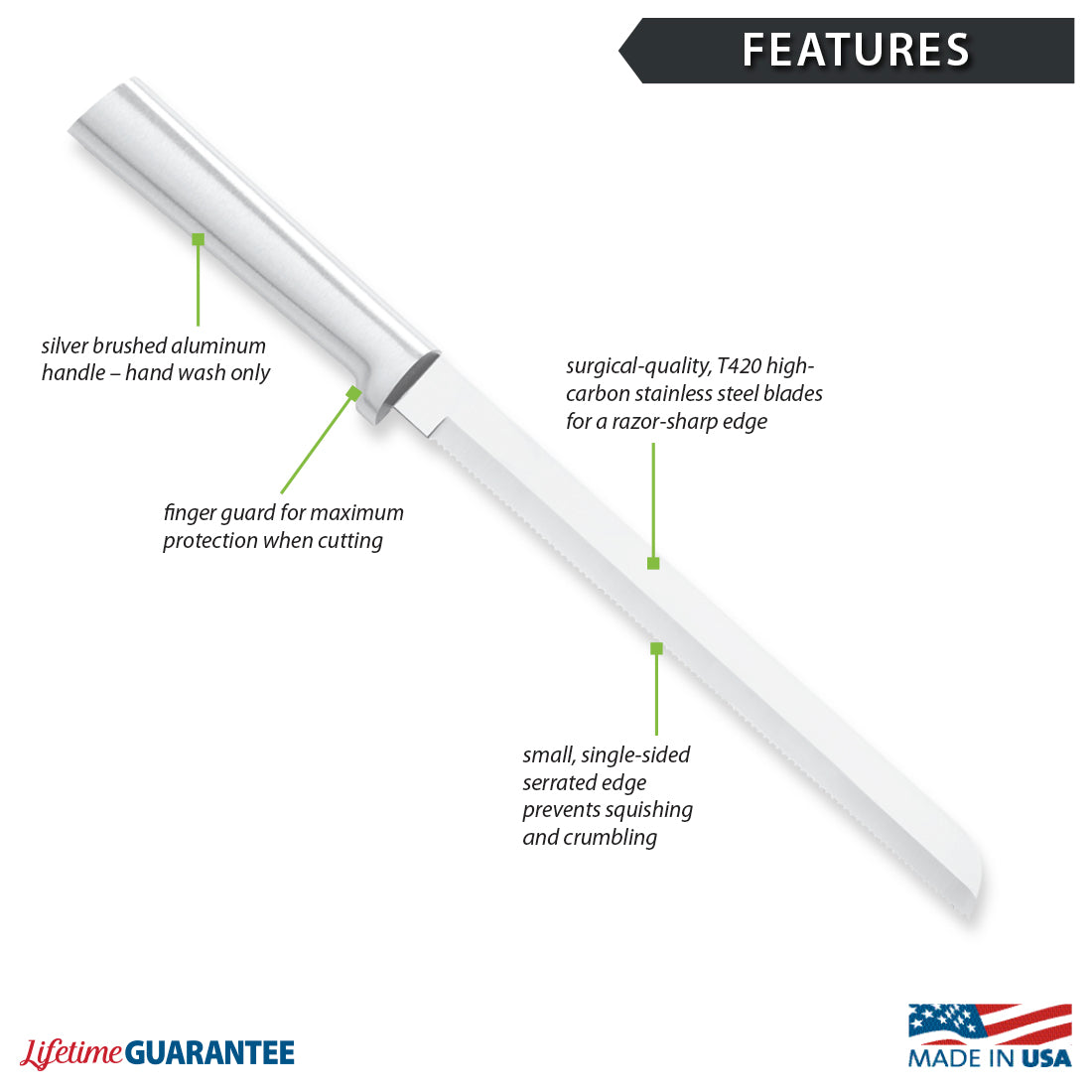 Rada's feature image for the 8" Bread Knife with a silver handle, finger guard, serrated edge, and so much more.