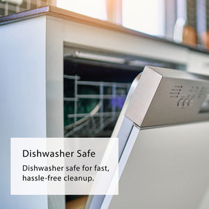 Close-up of a dishwasher door with a brushed metal control panel and a text overlay that reads 'Dishwasher Safe' and 'Dishwasher safe for fast, hassle-free cleanup.' The background shows a blurred kitchen interior with a dishwasher rack inside.