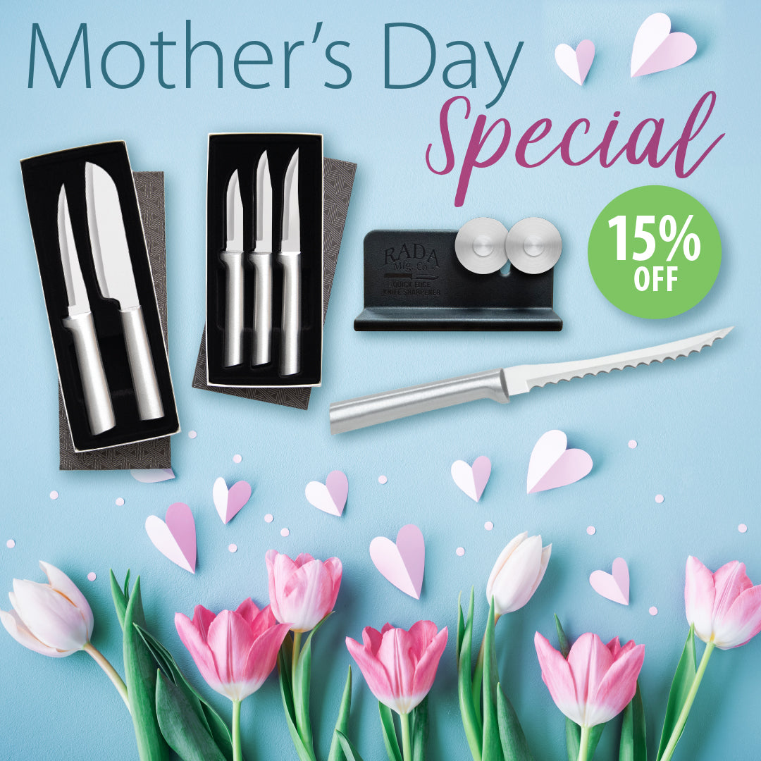 Promotional image for Rada Cutlery with knives, a stand, and Mother's Day flowers on a blue background.