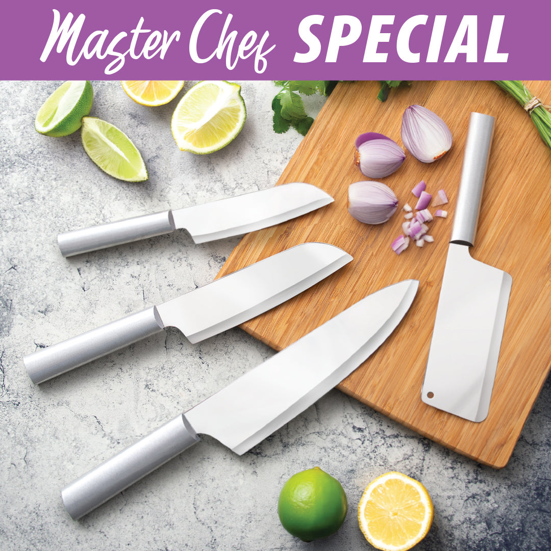 Set of knives on a cutting board with vegetables and lemons, labeled 'Master Chef Special'.