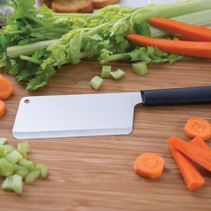 Black Handle Chef's Dicer on cutting board with carrots, celery, and bread.