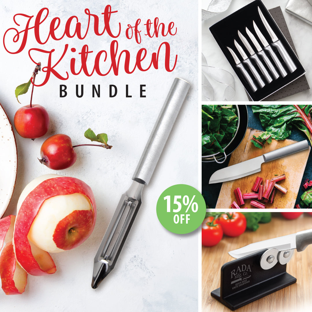 Promotional image for 'Heart of the Kitchen Bundle' with knives, apples, and a discount offer.