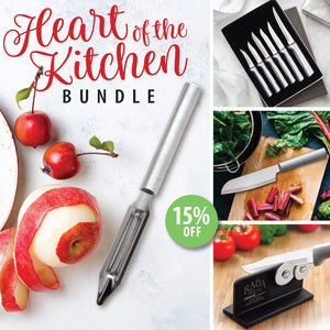 Promotional image for 'Heart of the Kitchen Bundle' with knives, apples, and a discount offer.