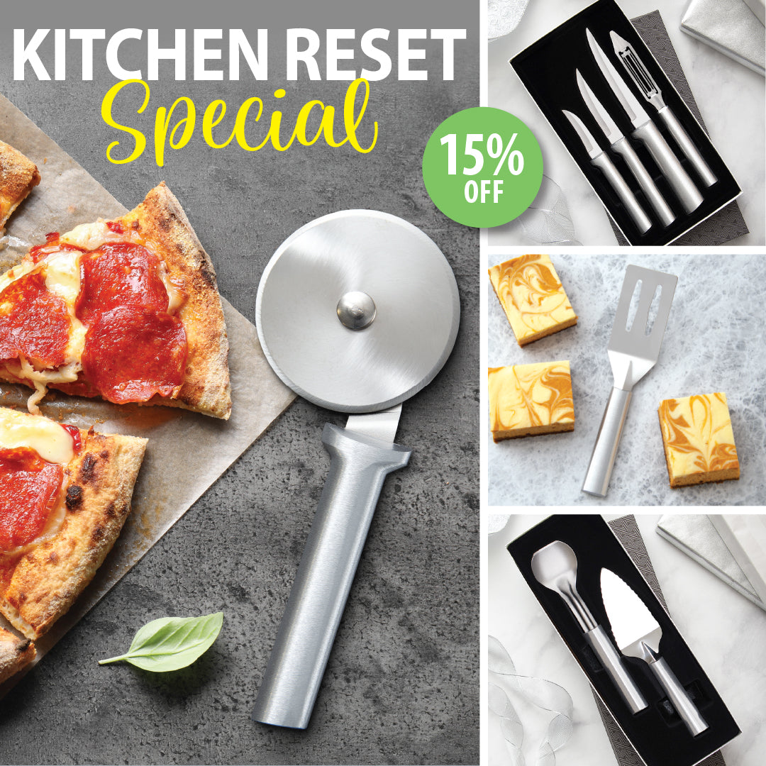 Promotional image for a kitchen reset special with pizza cutter, cheese, and cutlery.