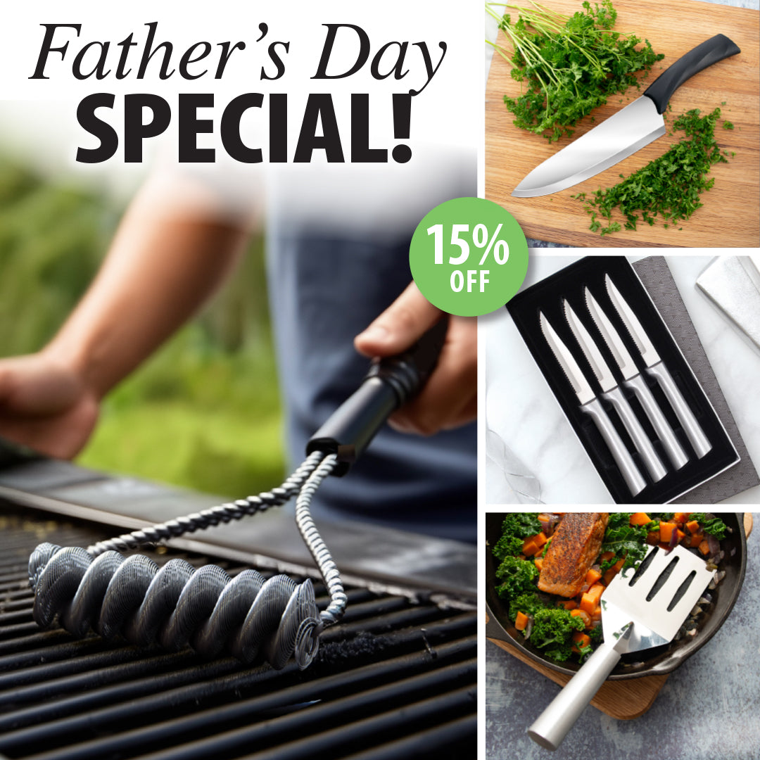 Collage of Father's Day Special offers including grill brush, knives, and food on a cutting board.