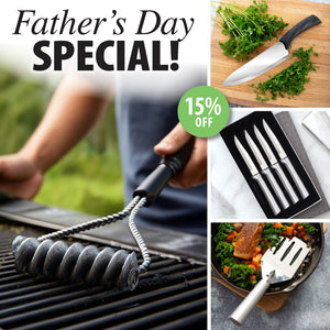 Collage of Father's Day Special offers including grill brush, knives, and food on a cutting board.