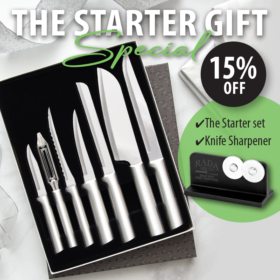 Promotional image for The Starter Gift Special, showcasing a set of stainless steel knives and a knife sharpener, with text highlighting a 15% discount and including items in the set.