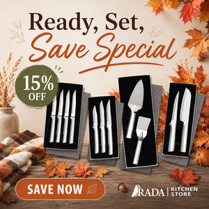 A promotional graphic for a Rada Kitchen Store knife set, featuring several boxed stainless steel knives and a cheese server on gray trays. The image includes large sale text reading 'Ready, Set, Save Special' and '15% OFF', plus autumn-themed leaves, a plaid cloth, and a wooden surface.
