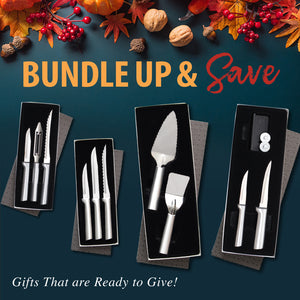 Set of silver cutlery in black boxes with autumn leaves and berries on a blue background.