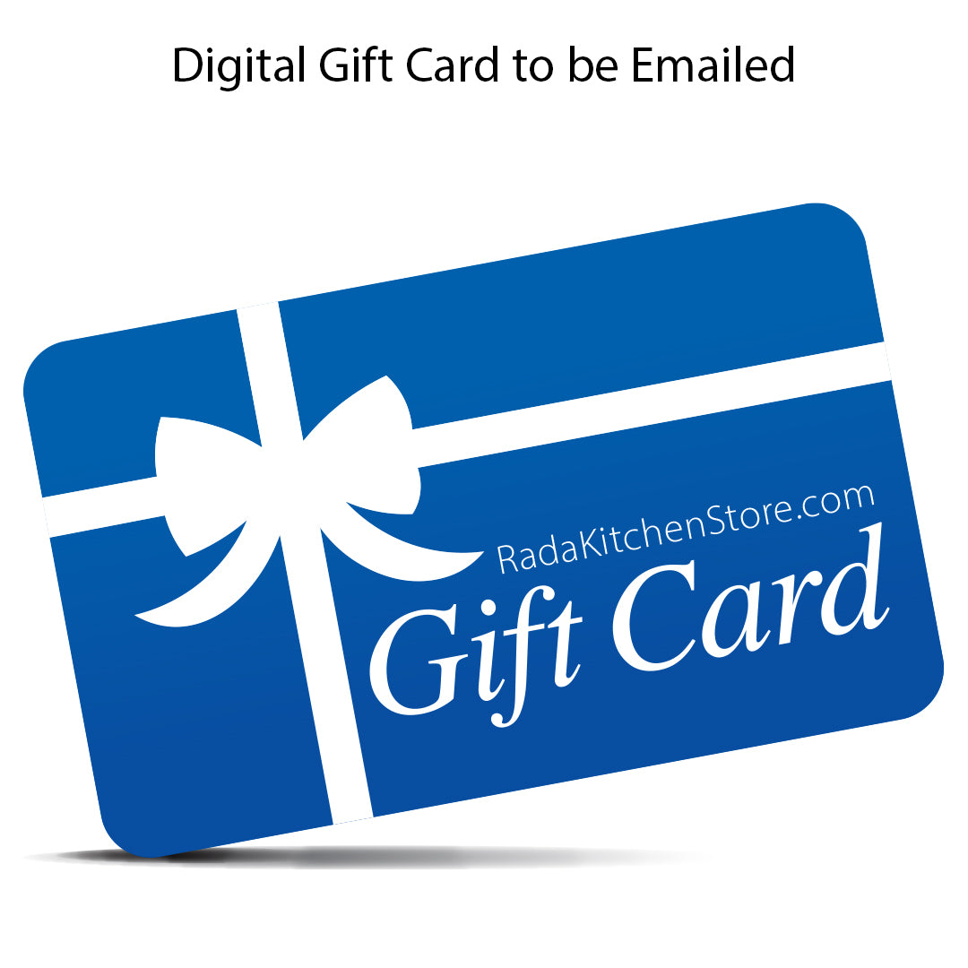 Digital gift card with a blue background and white bow, featuring RadaKitchenStore.com.
