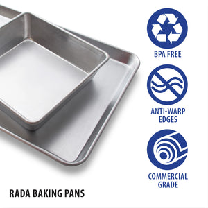 Two stainless steel baking pans shown on a white background with blue feature icons reading BPA FREE, ANTI-WARP EDGES, and COMMERCIAL GRADE, plus the text RADA BAKING PANS.