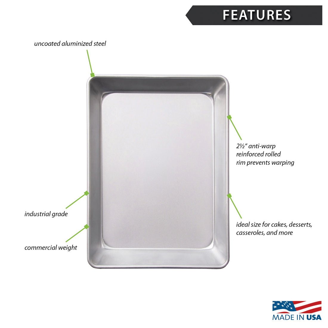 A rectangular metal Cake Pan from Rada Cutlery, shown on a white background with callout labels pointing to features such as uncoated aluminized steel, industrial grade quality, commercial weight, 2 1/2" anti-warp reinforced rim, and ideal size for cakes, desserts, casseroles, and more. A 'Made in USA' badge appears at the bottom right.