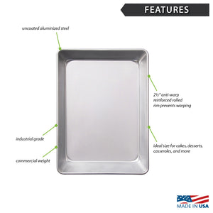 A rectangular metal Cake Pan from Rada Cutlery, shown on a white background with callout labels pointing to features such as uncoated aluminized steel, industrial grade quality, commercial weight, 2 1/2" anti-warp reinforced rim, and ideal size for cakes, desserts, casseroles, and more. A 'Made in USA' badge appears at the bottom right.