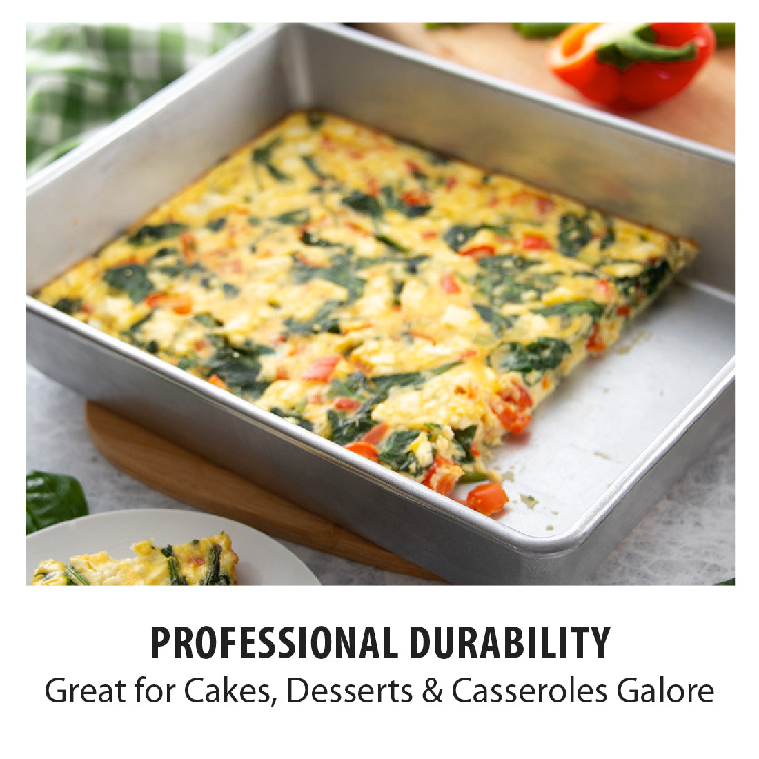 The Rada Cake Pan containing a baked vegetable frittata, with a slice cut out and placed on a plate. The photo includes text at the bottom reading 'PROFESSIONAL DURABILITY' and 'Great for Cakes, Desserts & Casseroles Galore.