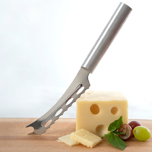 Silver Cheese Knife with a block of cheese and grapes on a wooden board