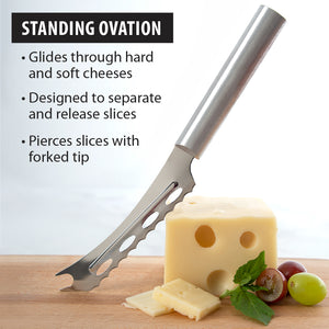 Silver Cheese Knife with cheese and grapes on a wooden board, featuring product details.