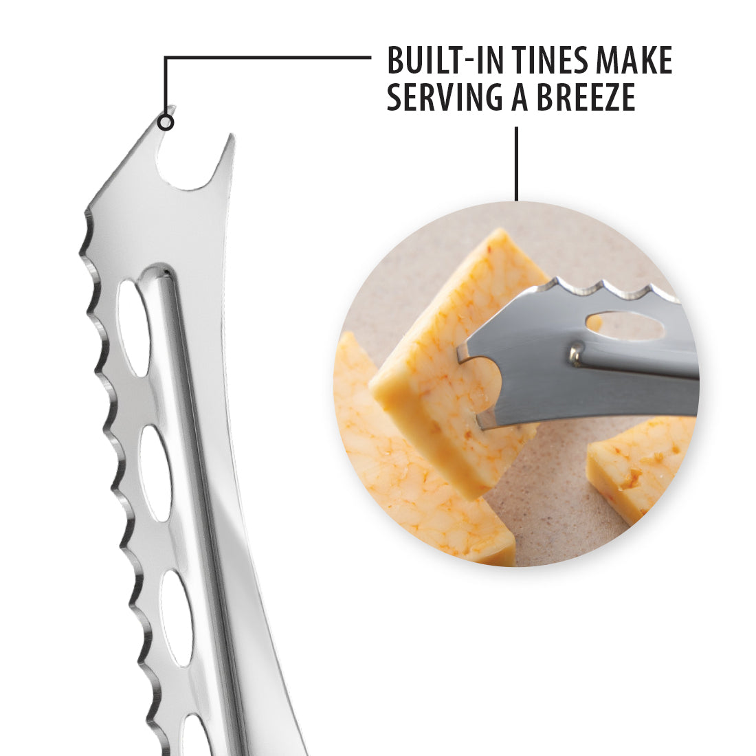 Blade of Cheese Knife with built-in tines on a white background
