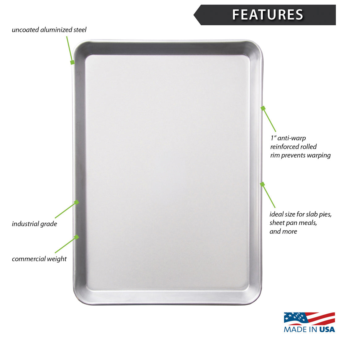 A Half Sheet baking pan from Rada shown on a white background with callout labels pointing to features such as uncoated aluminized steel, industrial grade, commercial weight, 1-inch anti-warp reinforced rim, and ideal size for slab pies, sheet pan meals, and more. A 'Made in USA' badge appears at the bottom right.