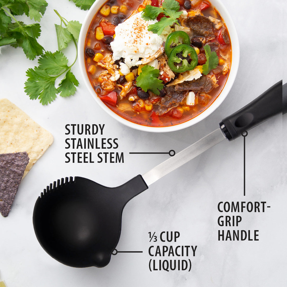 Non-scratch Rada Cutlery Ladle with chili, sour cream, chips, and jalapenos.