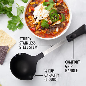Ladle with sturdy stainless steel stem, comfort grip handle, and 1/3 cup capacity.