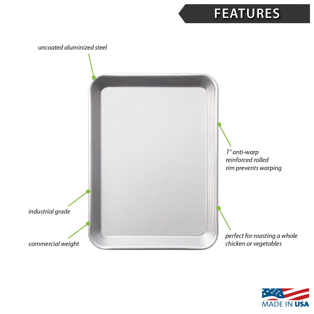 Rada Cutlery's Quarter Sheet Pan shown in an infographic with features highlighting its uncoated aluminized steel, industrial grade design, commercial weight, and anti-warp rolled rim. A 'Made in USA' badge is shown in the bottom right corner.