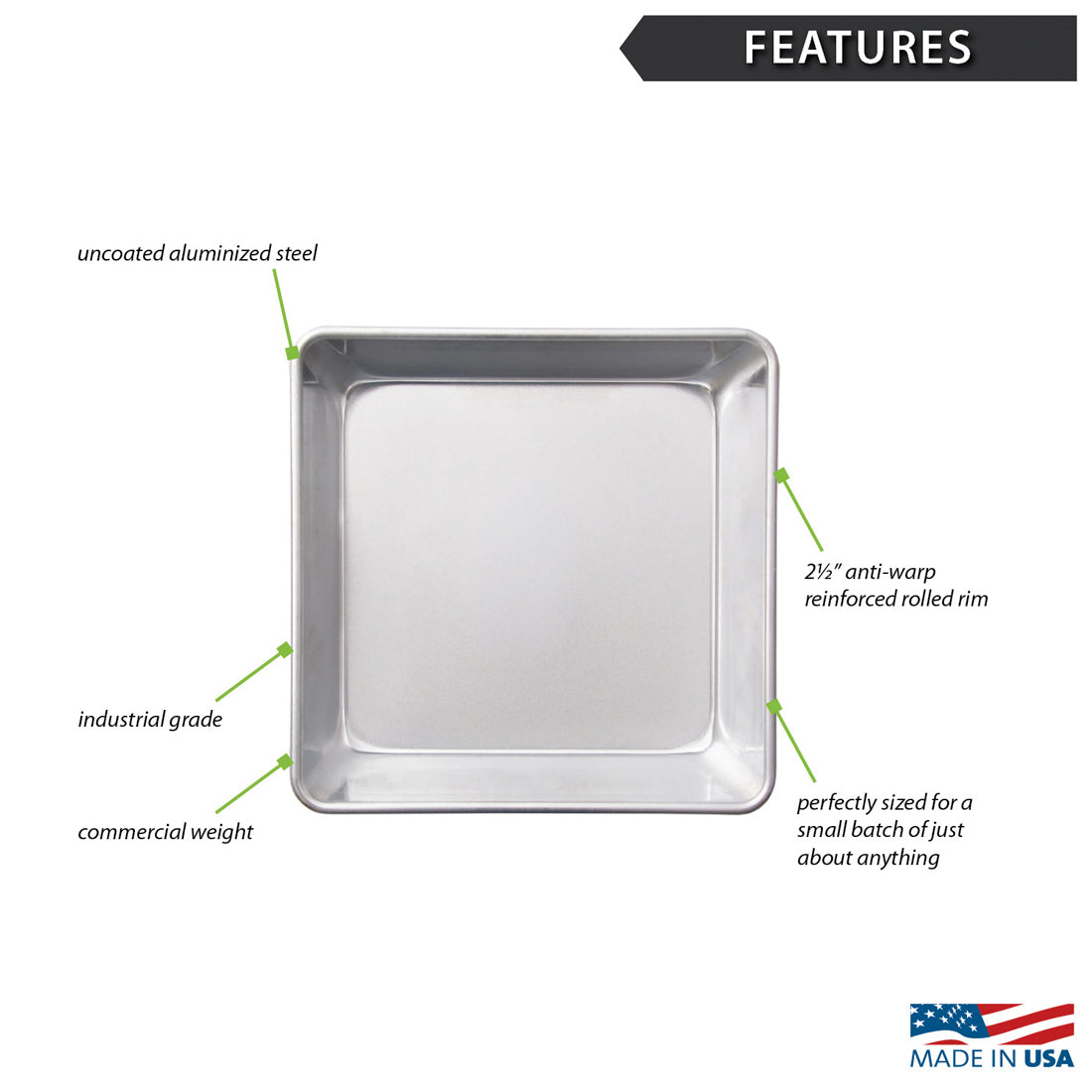 Rada's Square Pan shown on a white background with callout labels pointing to features such as uncoated aluminized steel, industrial grade, commercial weight, 2 1/4" anti-warp reinforced rolled rim, and perfectly sized for a small batch. A 'Made in USA' badge appears at the bottom right.