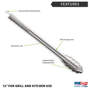 12" tong features include dishwasher safe, dual-position locking feature, and scalloped edges.
