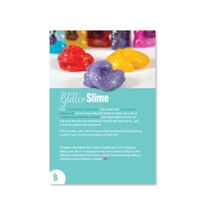 Page 8 has a recipe for Glitter Slime. Includes ingredients and instructions. 