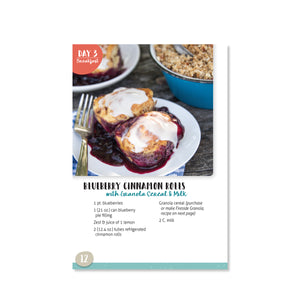 Page 12 has a recipe for Blueberry Cinnamon Rolls with Granola Cereal and Milk.. Includes ingredients and instructions.