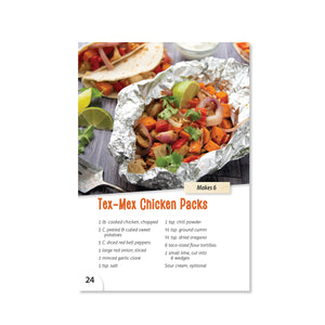 Page 24 shows ingredient list for Tex-Mex Chicken Packs. Makes 6. 