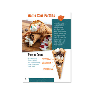 Page 4 shows Waffle Cone Parfaits and S'mores Cones. For each parfait, layer or combine the ingredients in a waffle cone.