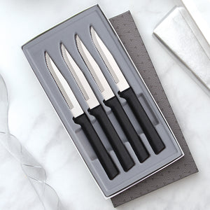 Rada Cutlery Four Serrated Steak Knives Gift Set with black handles in a gray-lined gift box