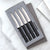 Four Serrated Steak Knives Gift Set with silver handles in a black-lined gift box