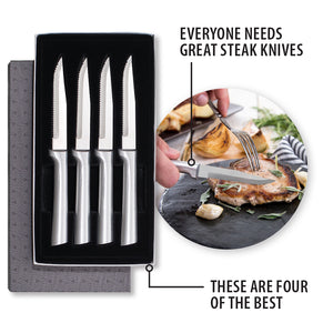 A gift boxed set of four Rada Cutlery serrated steak knives. Everyone needs great steak knives. These are four of the best. 